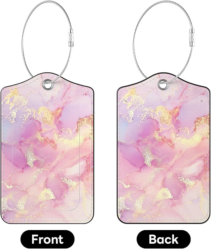 2 Pack PU Leather Luggage Tags for Suitcases, Privacy Protection Cover with Stainless Steel Loop and Address Card, Travel Cruise Essentials (Pink Gold Marble 2)