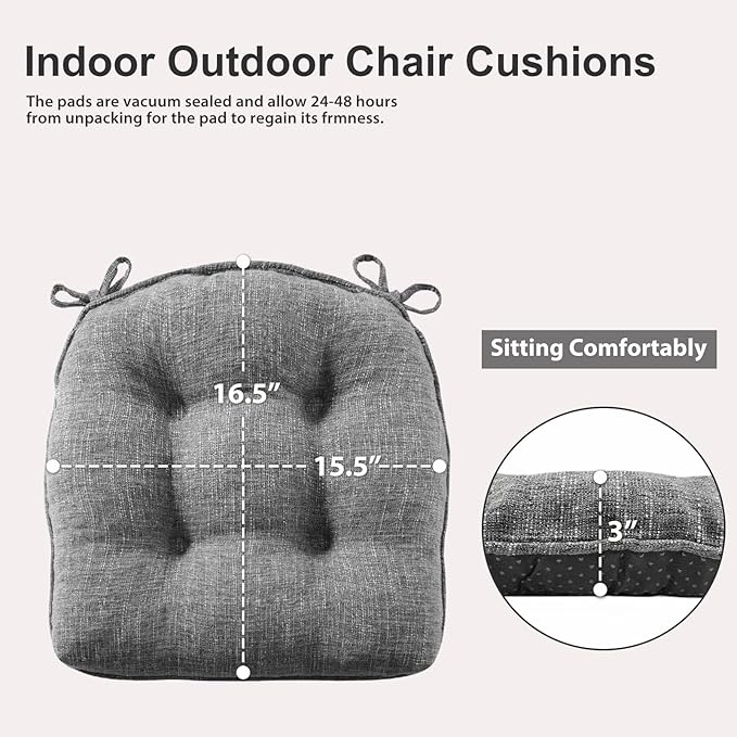 Quilmfoam 16.5"x15.5" Kitchen Chair Cushions Set of 4 for Dining Chair, Soft Tufted Non-Slip Memory Foam Seat Cushion with Ties for Indoor Kitchen Dining Furniture, Dark Grey