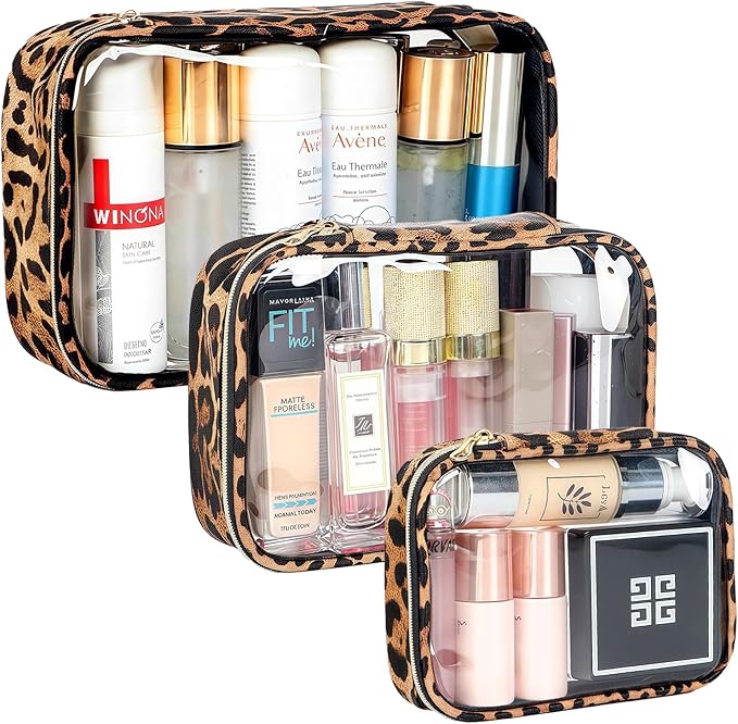 Clear Makeup Bags with Zipper, TSA Approved Travel Toiletry Bag, 3-Pack (Large, Small & Mini) Clear Cosmetic Bag, Waterproof Make Up Bag for Women, Car Bag Organizer & Car Organization Essentials