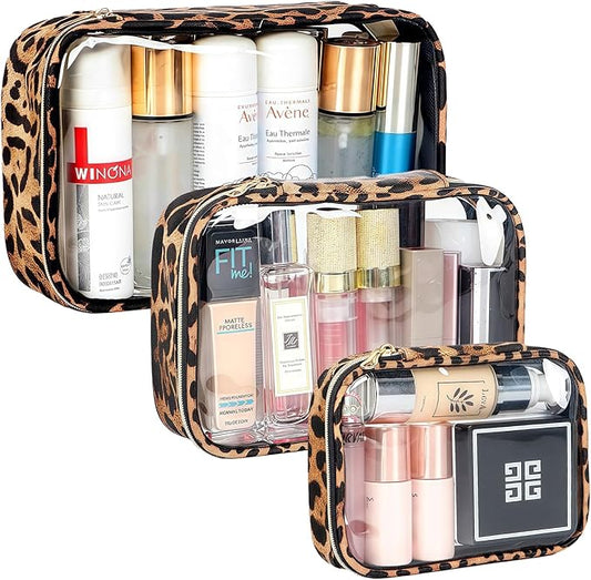 Clear Makeup Bags with Zipper, TSA Approved Travel Toiletry Bag, 3-Pack (Large, Small & Mini) Clear Cosmetic Bag, Waterproof Make Up Bag for Women, Car Bag Organizer & Car Organization Essentials