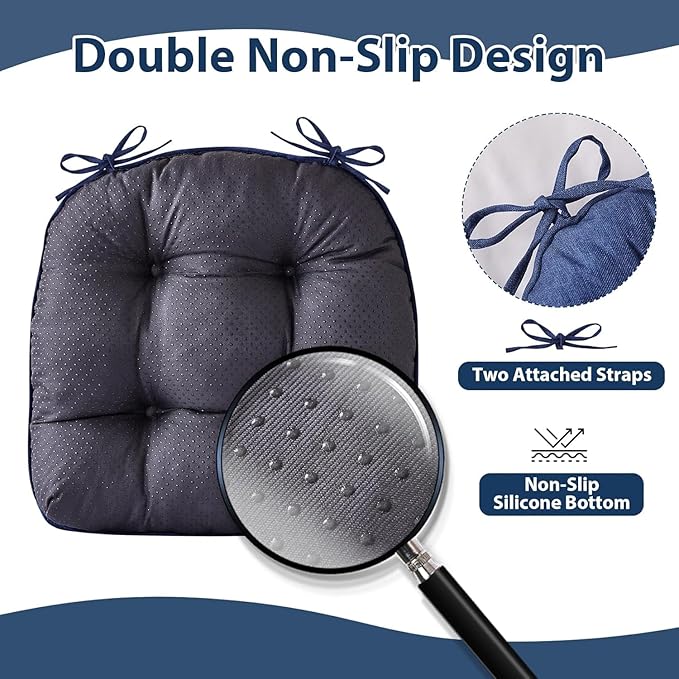 Chair Cushions for Dining Chairs, Seat Cushions for Kitchen Chairs, Indoor Seat Cushions with Ties, Tufted Foam Chair Pads, Non Slip Chair Cushions Set of 2, 15.5" x 15.5" x 4", Navy Blue