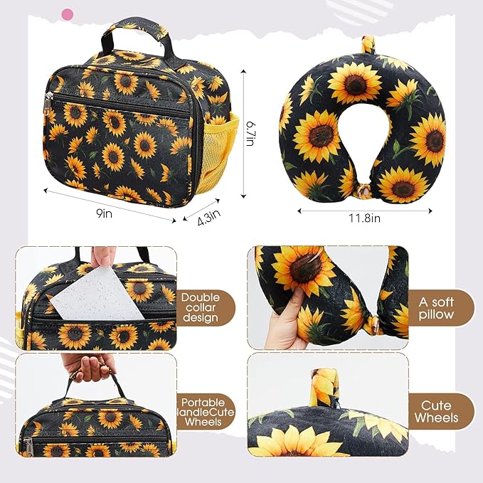 Redbaker 17 Inch 6 Pcs Kids Luggage Set Kids Rolling Luggage Double Pattern Suitcase for Boys Girls (Black Yellow, Sunflower Style)