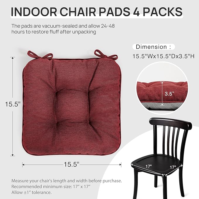 Love's cabin Memory Foam Chair Cushions Set of 4, 15.5"x15.5"x3.5" Indoor & Outdoor Seat Pads for Dining, Kitchen, Office, Patio Chairs - Burgundy