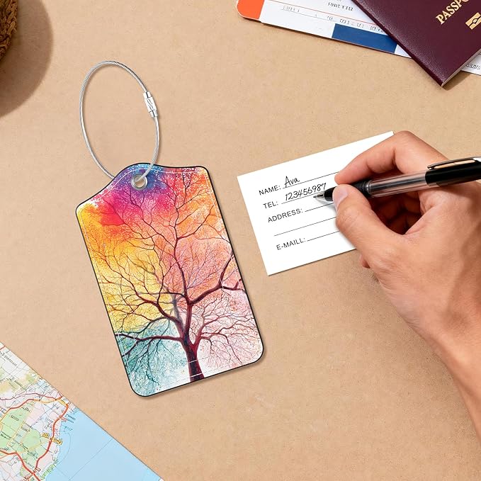 2 Pack PU Leather Luggage Tags for Suitcases, Privacy Protection Cover with Stainless Steel Loop and Address Card, Travel Cruise Essentials (Colorful Tree)