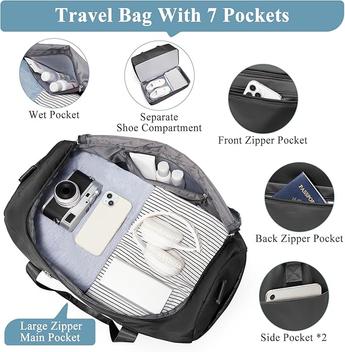 Extra Large Travel Duffle Bag,Carry on Overnight Weekend Bag with Shoes Compartment,Weekender Bags for Women for Travel Business Trips Sport Hospital,3 Pcs Set,Black