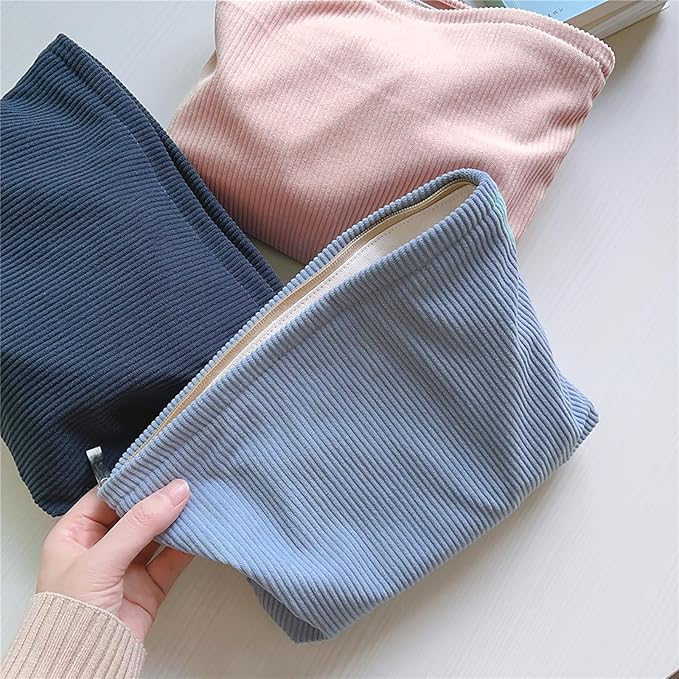 HAPPYHEIDI Large Corduroy Makeup Bag Compartment Cosmetic Toiletry Travel Accessory Pouch Purse Organizer, Soft Creamy Pink