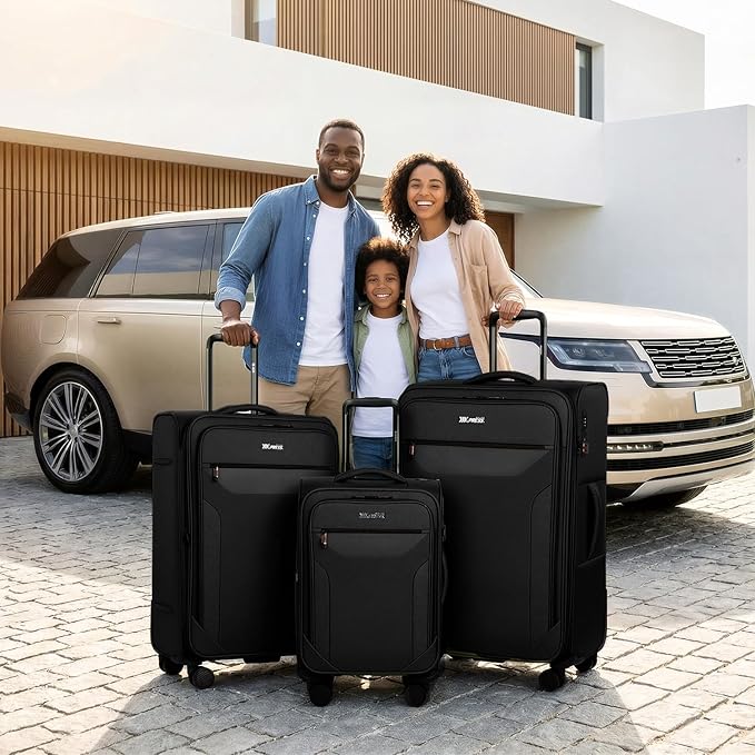 3PCS Set Softside Luggage Sets w/ Spinner Wheels,Expandable 20% Suitcase Upright Spinner Softshell w/TSA LOCK, Lightweight Durable Rolling Travel Luggage Set for Men/Women（Black,22in/28in/32in）
