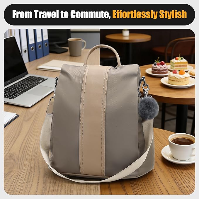 PINCNEL Women Khaki Medium Backpack Purse Waterproof Nylon Anti-theft Rucksack Lightweight Shoulder Bag