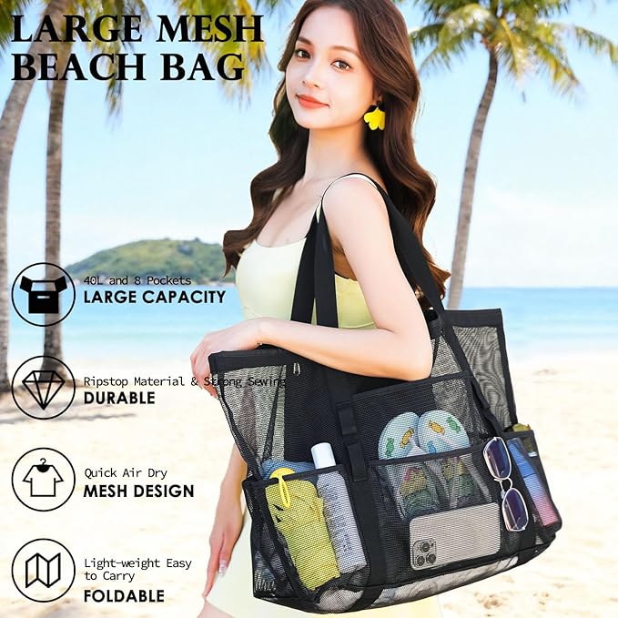 Fammart Mesh Beach Bag, Large Beach Tote with Zipper Pocket, Toys Pool Bag for Family Travel Vacation Cruise Essentials