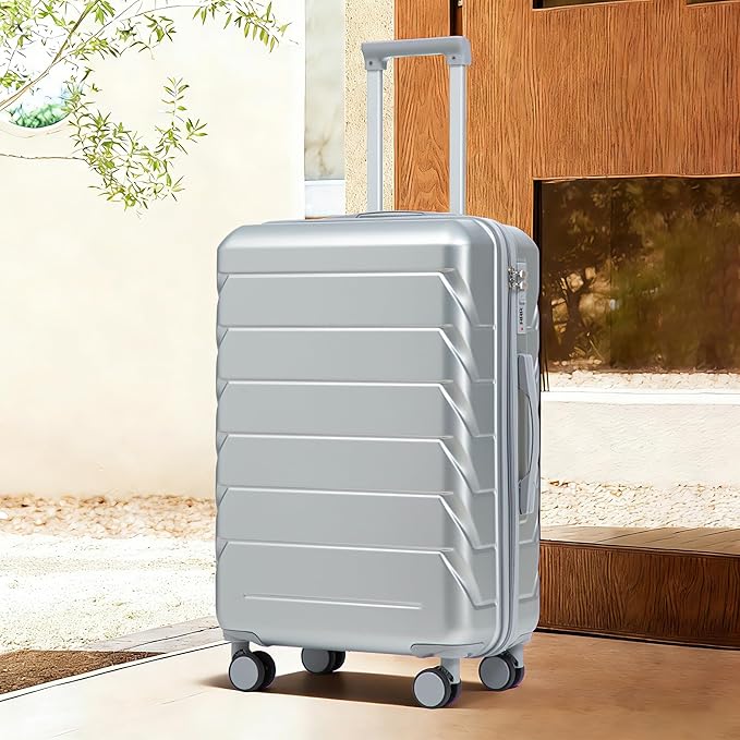 28 Inch Checked-Large Luggage, Lightweight ABS Hard Shell Suitcase with Spinner Wheels, Expandable Travel Luggage with Combination Lock & Side Hooks for Men Women (Silver, 28)