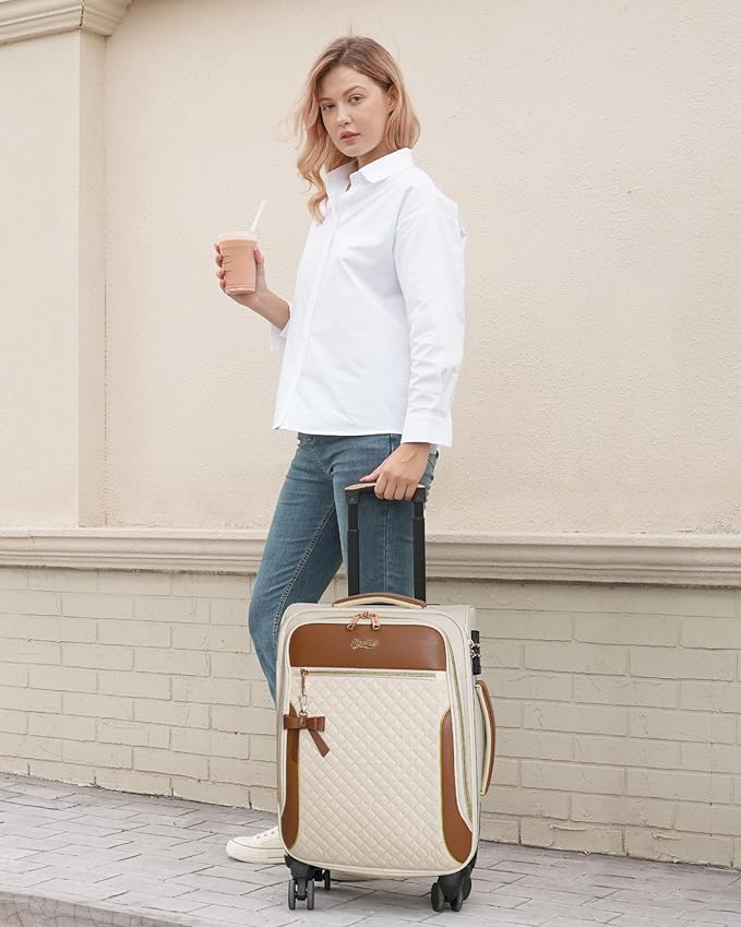 Carry On Luggage 22x14x9 Airline Approved, 20 Inch Softside Suitcase with 4 Pcs, Lightweight Luggage for Women with TSA Lock and 4 Spinner Wheels, Soft Side Carry-on Suitcases for Travel, Beige