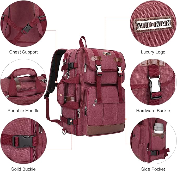 WITZMAN Canvas Travel Backpack for Women Large Laptop Backpack Fit 16 inch Carry-on Airline Approved Convertible Shoulder Rucksack(A6617-3 Red)