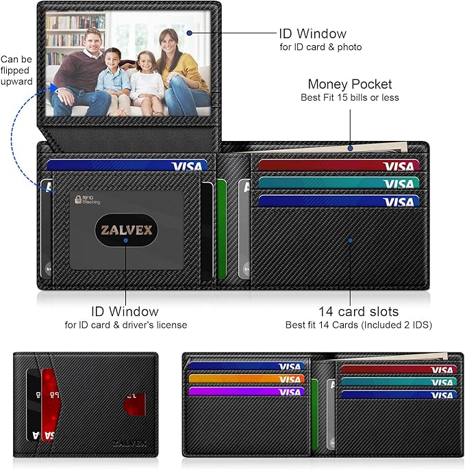 Wallet for Men Slim RFID Blocking Leather Credit Card Holder Wallet for 14 Cards, Bifold Minimalist Thin Wallet with 2 ID Windows & Cash Slot, Front Pockt Carteras Para Hombres, Birthday Gifts for Men
