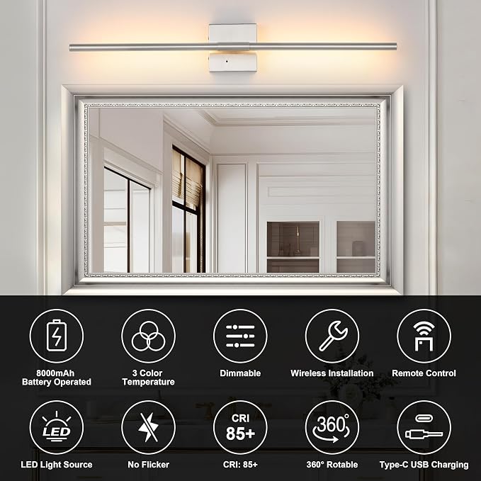 Morauroral Battery Operated Wall Sconces Set of 2, Dimmable Battery Wall Sconce with Remote Control, Sand-Nickel LED Rechargeable Sconces, 30 Inch Modern Wireless Wall Lights for Bedroom, Living Room