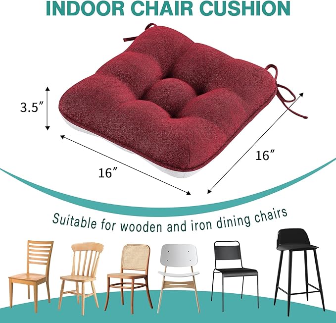 BETU Chair Cushions for Dining Chairs Set of 4,3.5" Thick Kitchen Table Chair Pads with Ties,Non Slip Backing and Covers, Christmas Decor Seat Cushion for Dining Room,Bar,Patio Chairs,16"X16"X3.5",Red