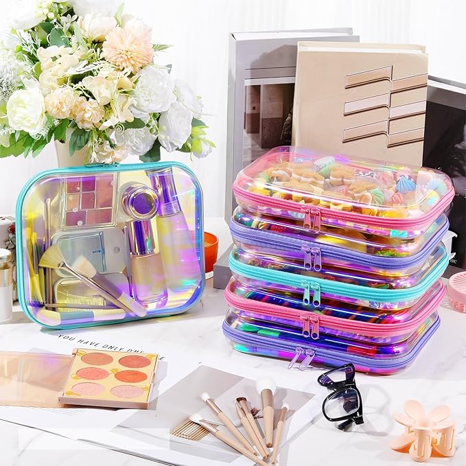 Sanwuta 6 Pcs Clear Hard Zipper Case Plastic Zipper Pouches Transparent Makeup Bag Pencil Case Pouches Toiletry Diaper Bag for Travel Toy Storage Organizer Bins(Holographic,9.84 x 7.87 x 2 Inch)