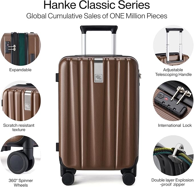 Hanke 20 Inch Expandable Carry on Luggage 22x14x9 Airline Approved Lightweight PC Hard Shell Suitcases with Wheels Tsa Luggage Rolling Suitcase Travel Luggage Bag for Weekender(Brown)
