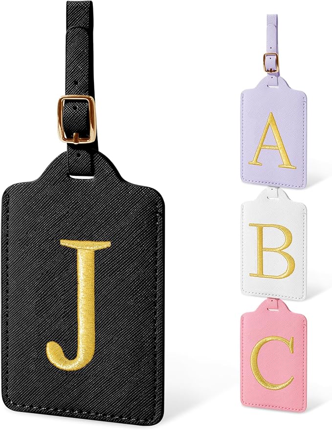 Personalized Initial Luggage Tags for Suitcases, Cute PU Leather Embroidered Letter Travel Luggage Tags, Suitcase Identifier Name Baggage Tag, Bag Tags for Men Women Kids Luggage Handbags(Black J)