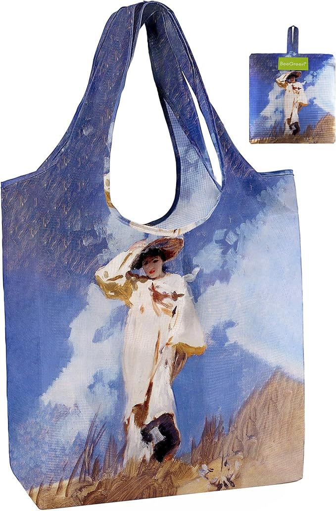 BeeGreen Oil Painting Flower Tote Bag - Large Reusable Grocery Bag, Polyester Grocery Bags Gifts for Women,Foldable, Washable, Packable with Handles & Pouch for Shopping, Beach, Work, Summer