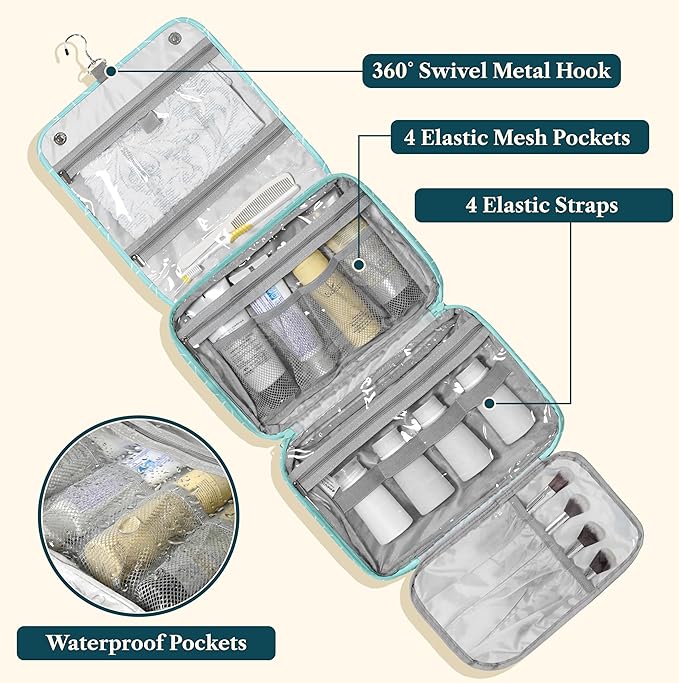 PAVILIA Hanging Toiletry Bag Women Men, Foldable Cosmetic Organizer Travel Bag, Water Resistant Makeup Bag Toiletries, Large Travel Essentials Kit (Teal Chevron)