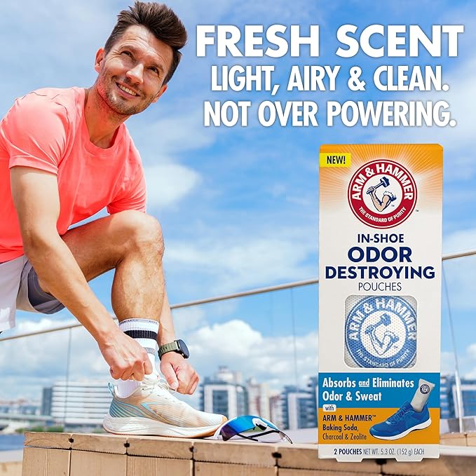 Arm & Hammer In-Shoe Odor Destroying Pouches, Shoe Deodorizer Insert for Reducing Odor and Absorbing Moisture, Smell Eliminator for All Footwear, Gym Bags and Work Boots (4 Pouches)
