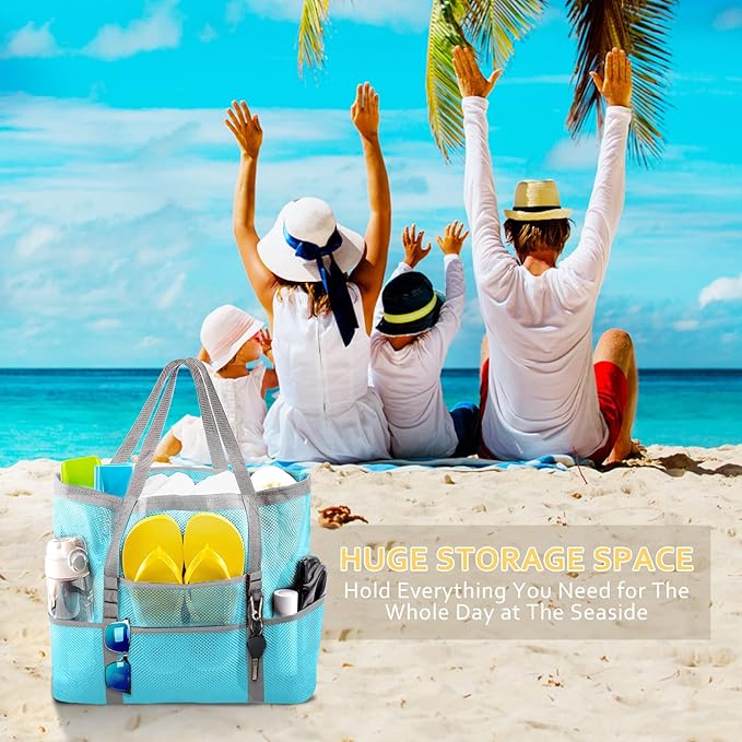 SRISE Mesh Beach Bag - Large Beach Tote Bag for Family Beach Bag for Toys & Vacation Essentials