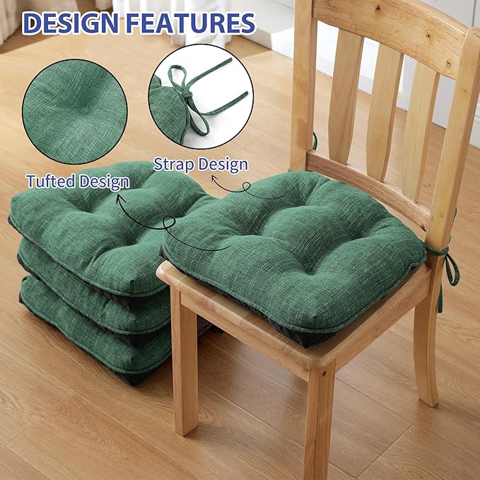 Chair Cushions for Dining Chairs Set of 2, Kitchen Chair Cushions, Chair Pads with Ties Non Slip Backing, Christmas Room Decor, Tufted Memory Foam Seat Cushion 2 Pack, 15.5x15.5x4, Dark Green
