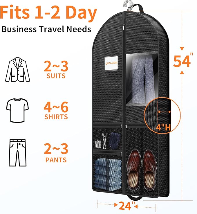 Garment Bag Travel Hanging Clothes: 54 Inch 2 Packs Fabric Breathable Foldable Zippered Pockets - Closet Storage Cover Packable - Men's Suit Shirts Uniform Jacket Jersey Tuxedo