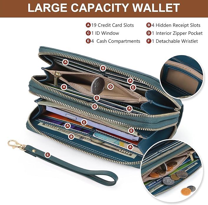 yiijay Womens Wallet RFID Blocking Large Capacity Vegan Leather Double Zip Wristlet Wallet Card Holder Travel Ladies Clutch