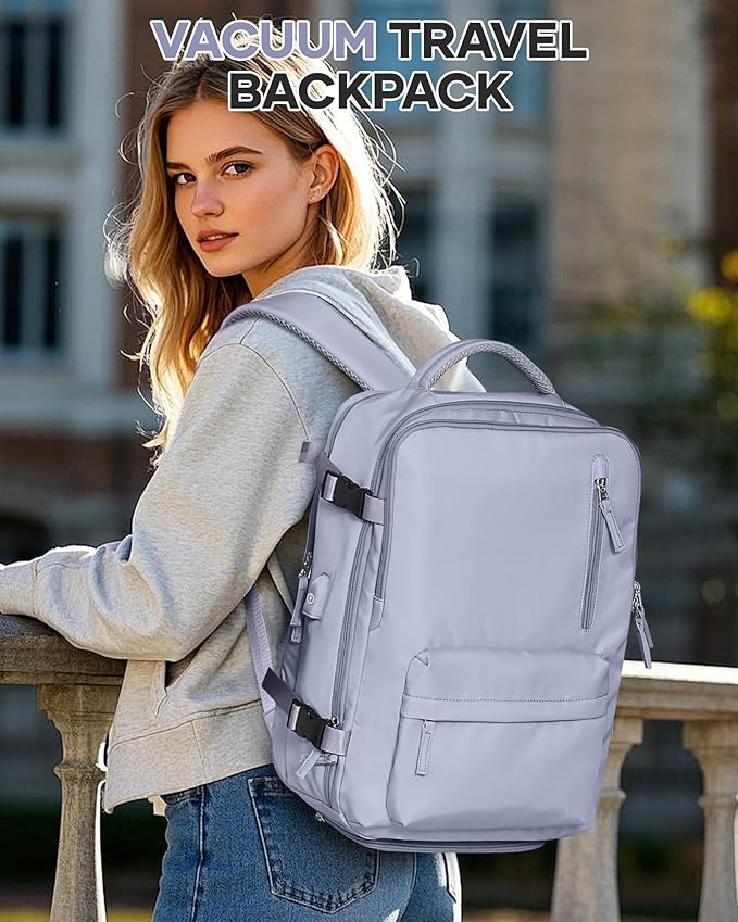 VECAVE Vacuum Travel Backpack with Pump for Women,Airback Personal Item Carry on Backpacks Flight Approved 18x14x8 inches for Men,Laptop Waterproof Work Compression bags Casual Daypack(Purple)