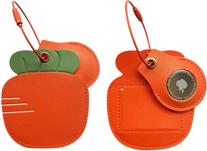 Cute Leather Luggage Tag Holder with Airtag Case Set,Hidden Compartment for AirTag Travel Suitcase Tracking Case with Stainless Steel Loop,Name ID Label(Carrot)