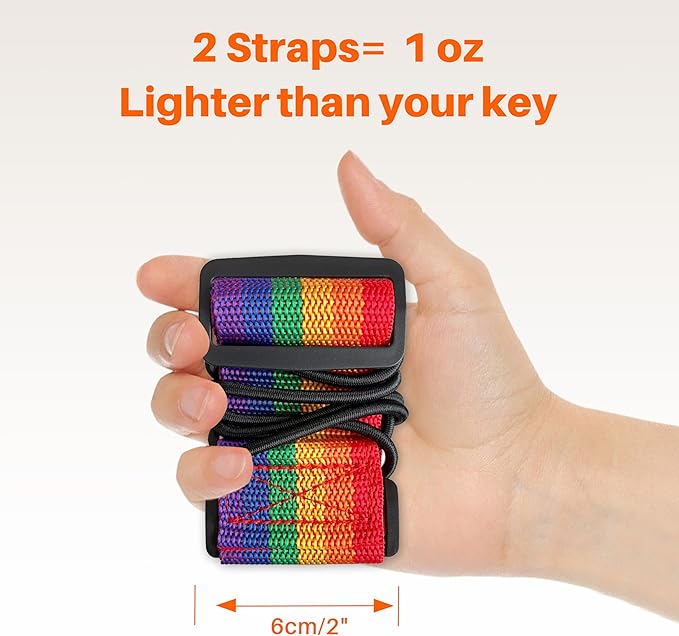 2 Pack Adjustable Luggage Straps for Add a Bag, Bungees Elastic Belt to Connect Suitcases, Luggage Connector Straps for Travel Essentials, Luggage Accessories Fastening Bag Strap - Rainbow