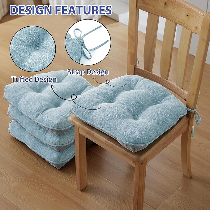 Chair Cushions for Dining Chairs Set of 4, Kitchen Chair Cushions, Chair Pads with Ties and Non Slip Backing, Tufted Memory Foam Seat Cushion 4 Pack, 15.5" x 15.5" x 4", Baby Blue