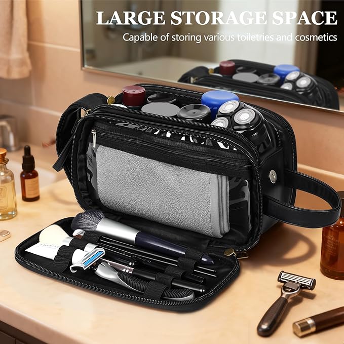 Travel Toiletry Bag for Men,Mens Shaving Bags for Toiletries,Men's Toiletry Travel Bag PU Leather,Personalized Travel Essentials,Birthday Gifts For Men,Black- A