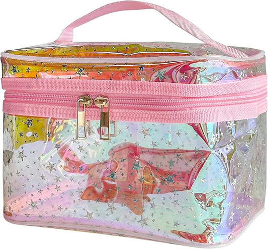 Waterproof Red Star Print PVC Makeup Bag with Handle - 8.66 * 5.51 * 5.51 inch Travel Cosmetic Organizer for Women Men Toiletry Pouch (Red Star-L)