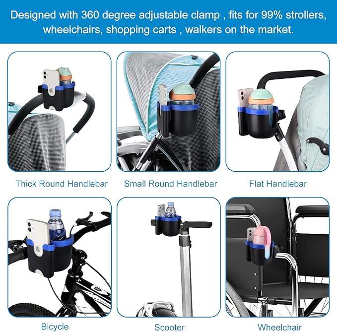 Accmor Stroller Cup Holder with Phone Holder, Bike Cup Holder, Universal Cup Holder for Uppababy Nuna Doona Strollers, 2-in-1 Cup Phone Holder for Stroller Bike Wheelchair Walker Accessory