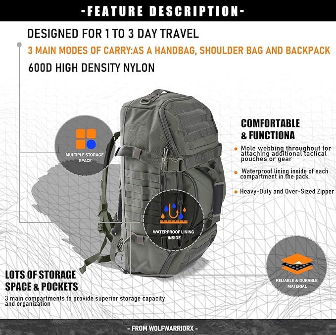 Travel Duffle Bag Backpack for Men - Large Tactical Bags Weekender Gym Bag for Overnight Traveling Military Workout Deployment Sports (Green, 45L)