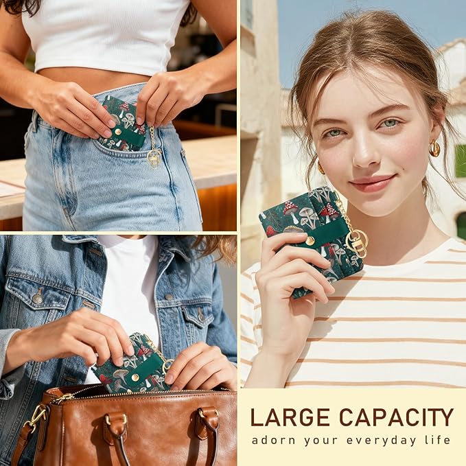 Jogjam Mushroom Green Rfid Ladies Wallet, Small Slim Thin Compact Credit Card Women Wallet, PU Leather Bifold Cash Zipper Coin Pocket ID Window for Female