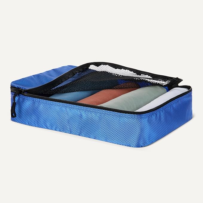 Amazon Essentials 4-Piece Packing Cubes Travel Accessories Set, Space-Saving Luggage Organizer with Double Zipper, Mesh Top, 2 Medium/2 Large, Blue (Previously Amazon Basics)