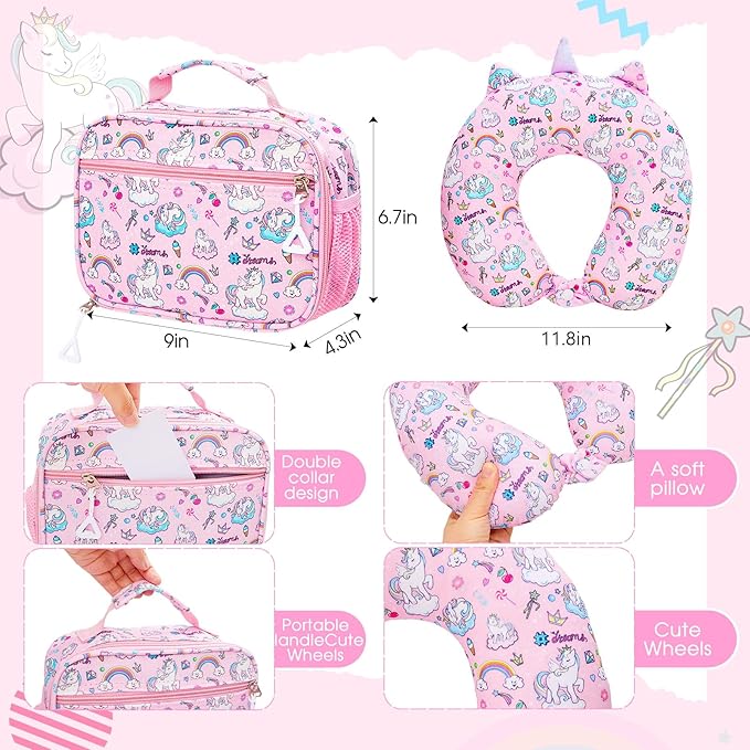 Redbaker 17 Inch 6 Pcs Kids Luggage Set Kids Rolling Luggage Double Pattern Suitcase for Boys Girls (Soft Pink, Unicorn)