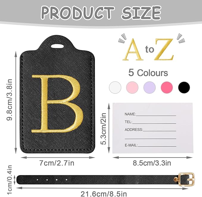 Initial Luggage Tags for Suitcases, Cute Embroidered Letter Luggage Bag Suitcase Identifier Name Baggage Tag, PU Leather Travel Luggage Tags, Bag Tags for Men Women Kids Luggage Handbags(Black B)
