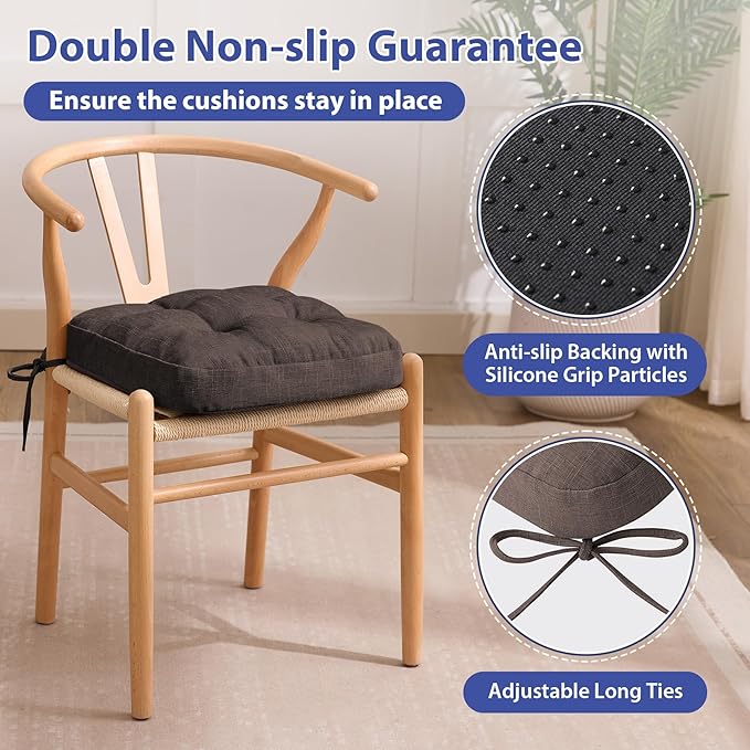 Chair Cushions for Dining Chairs, Dining Chair Cushions, Tufted Indoor Chair Pads with Ties & Non Slip Backing, Seat Cushions for Kitchen Chairs 16.5” x 16.5” x 3.5”, Set of 2, Brown