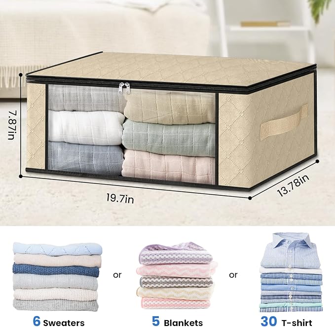 HomeHacks 8-Pack Clothes Organizer Storage Bags, 35L Storage Bins, Beige | Foldable Storage Box Container with Zippers, Clear Window, Reinforced Handles for Closet, Dorm, Pillows, Bedding, Sweater