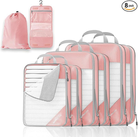 Compression Packing Cubes 8 Set, Compressible Space-Saving Packing Cubes for Travel - Compression Bags, Luggage Organizer, Travel Essentials for Women, Beige