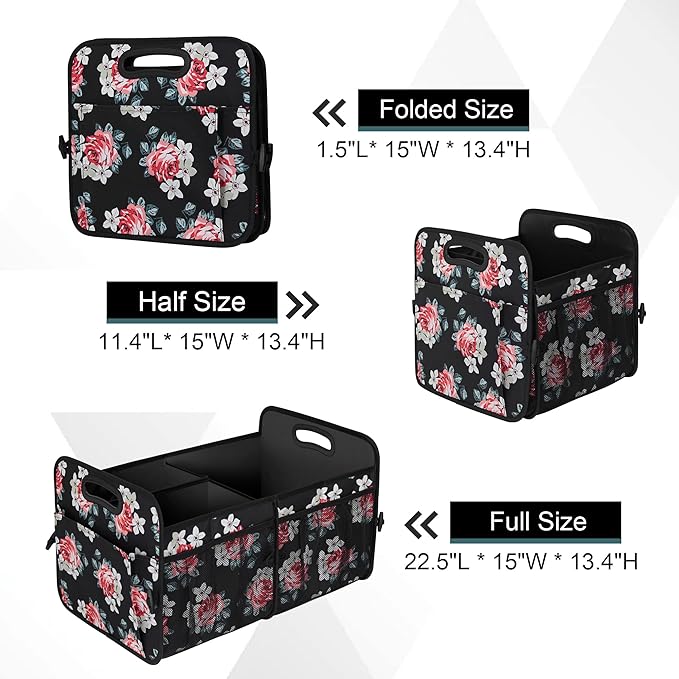 Femuar Car Trunk Organizer,Car Storage Organizer with 72L Large Capacity Waterproof Collapsible and 11 Pockets,Trunk Organizer for Car Suv/Jeep/Sedan, Large Size, Flower