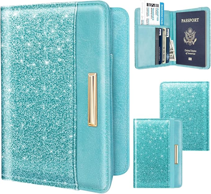 Passport Holder Cover, RFID Travel Wallet Credit Card Holder Blue Green Cute Sparkly Passport Book Holders for Women with Elastic Band and Golden Metal Decoration, Blue Green Glitter