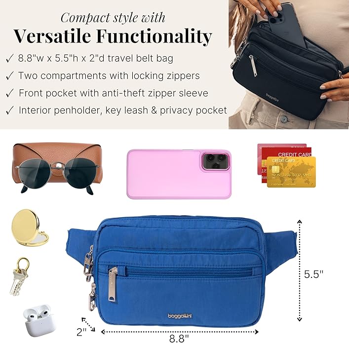 Baggallini Securtex Anti-theft Belt Bag 8.8"x5.5" Crossbody Fanny Pack for Women RFID Wallet Locking Zipper Travel Purse