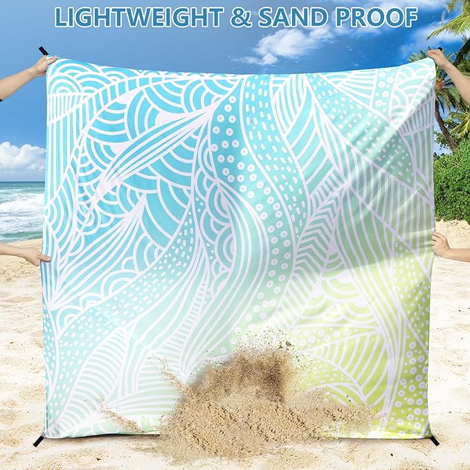 HIHOHO Beach Blanket Waterproof Sandproof Beach Mat for 1-8 Adults Quick Drying Durable Outdoor Picnic Mat for Beach Festival Travel Camping Hiking (Gradiant BL&GN-Ripple, 79"×83"(4 Person))