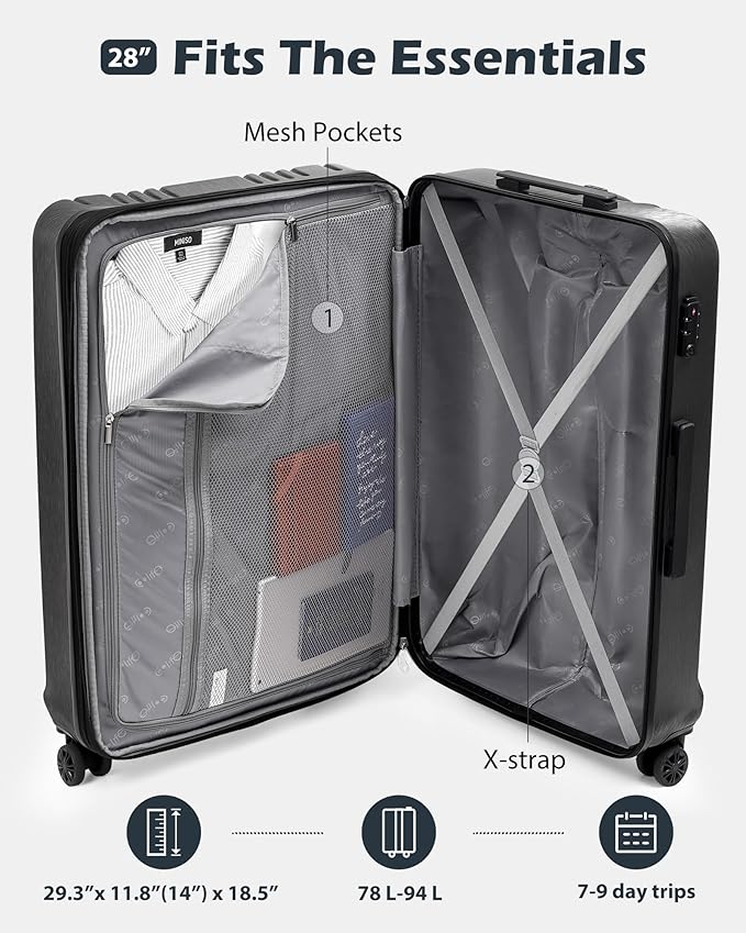 Coolife Luggage PC+ABS Expandable Hardshell Suitcase with TSA Lock, Spinner Checked Lightweight (wine red, L(28IN))