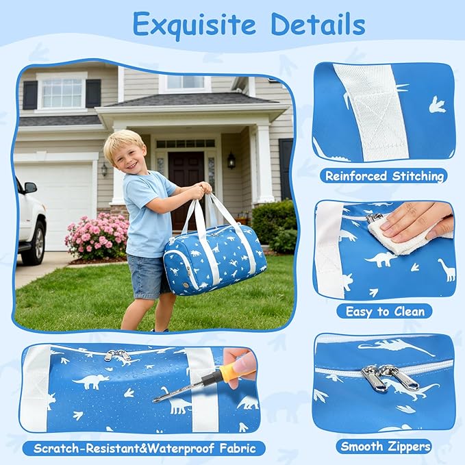 CAMTOP Kids Duffel Overnight Bag Boys Girls Toddler Weekender Carry-On Personalized Tote for Travel Gym Sport (A-Blue White Dinosaur)